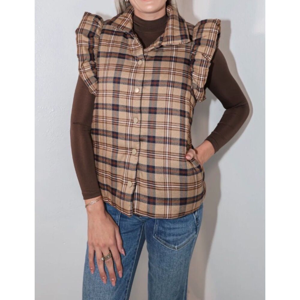 NWT - THML Posh Plaid Puffer Vest Funnel Neck Snap Front Ruffle Sleeves, Sz S